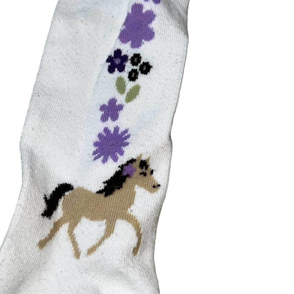 Girls Gymboree S-7 Horse & Floral Print White Tights Used